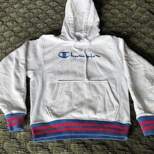 Champion White Hoodie with Blue and Red Trim
